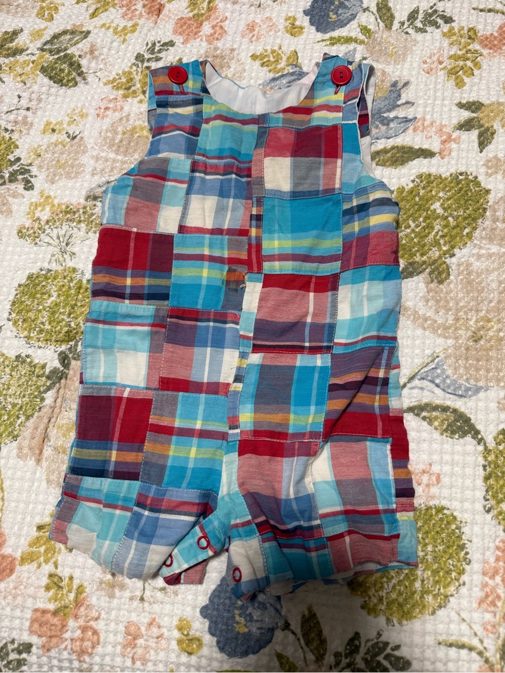Kelly's Kids Plaid Patchwork Romper in Blue and Red